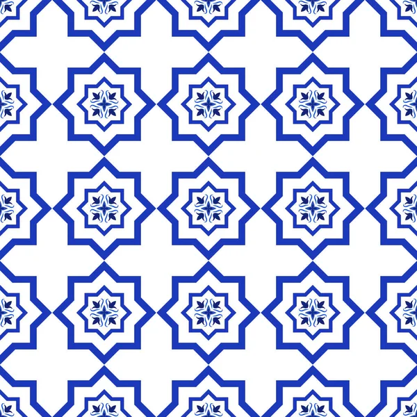 Azulejos portugisisk traditionell prydnads kakel, blå och vit sömlös mönster — Stock vektor