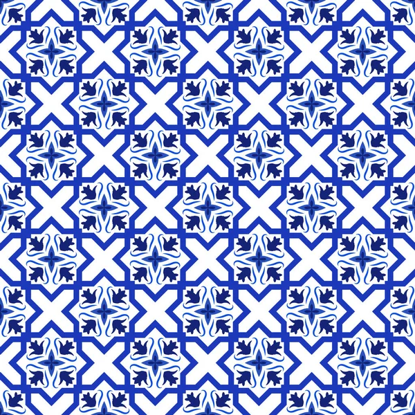 Azulejos carrelage traditionnel portugais ornemental, motif sans couture bleu et blanc — Image vectorielle