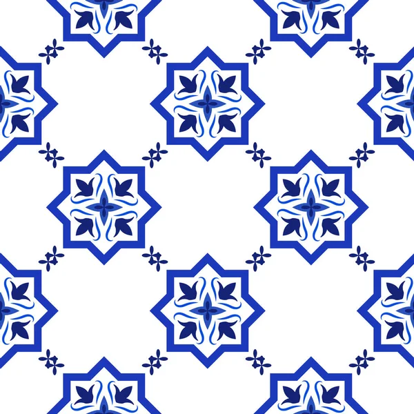 Azulejos carrelage traditionnel portugais ornemental, motif sans couture bleu et blanc — Image vectorielle