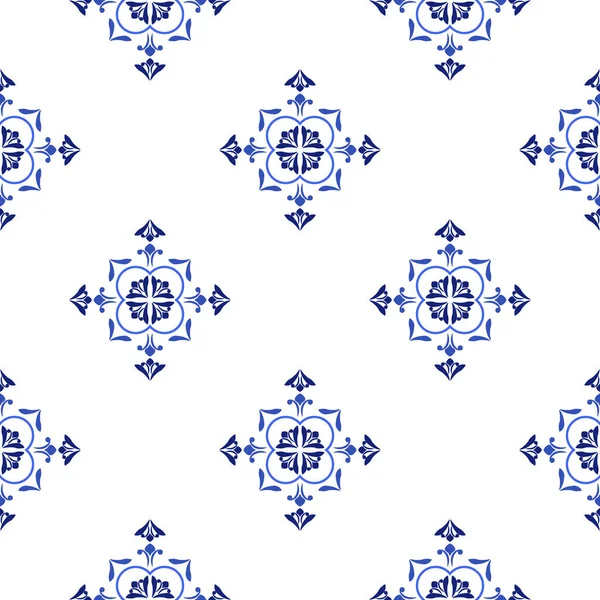 Azulejos portugiesische traditionelle Zierfliese, blaues und weißes nahtloses Muster — Stockvektor