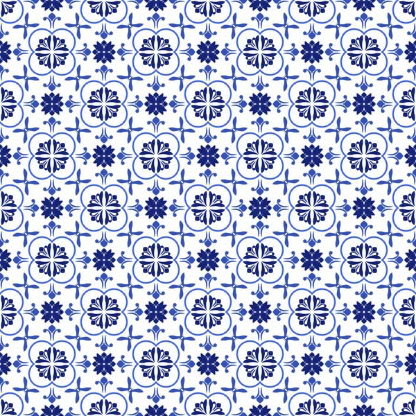 Azulejos葡萄牙传统装饰瓷砖，蓝白无缝图案 — 图库矢量图片
