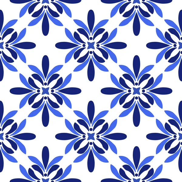 Azulejos portugisisk traditionell prydnads kakel, blå och vit sömlös mönster — Stock vektor