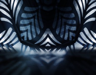 Odanın karanlık ve boş arkaplanı. Neon parıltısı betondan yansıyor. 3d illüstrasyon