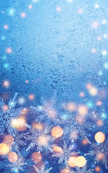 Abstrakter Hintergrund Weihnachten Leuchtend Farbige Verschwommene Lichter Bokeh Neonglut Schneeflocken — Stockfoto