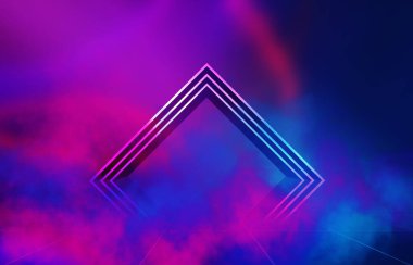 Karanlık, soyut bir arkaplan. Alevler içindeki neon geometrik üç boyutlu figür, ultraviyole dumanı. 3d illüstrasyon
