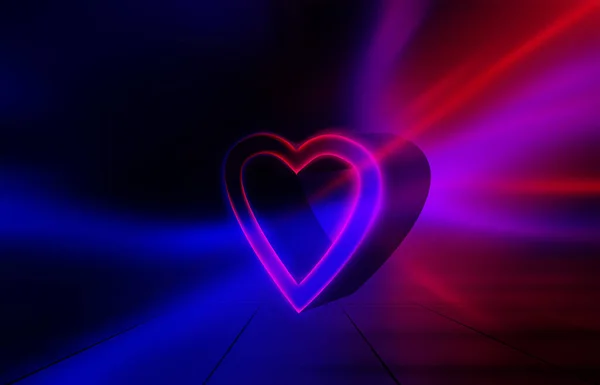 3D心脏在明亮的抽象背景 霓虹灯 激光表演 科幻片背景 3D说明 — 图库照片