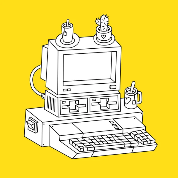 Kontúr illusztráció a régi számítógépen, a sárga háttér — Stock Vector