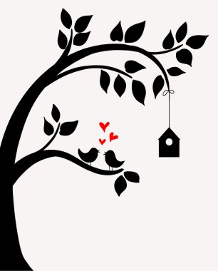 Doodle tree with birds in love and nesting box.