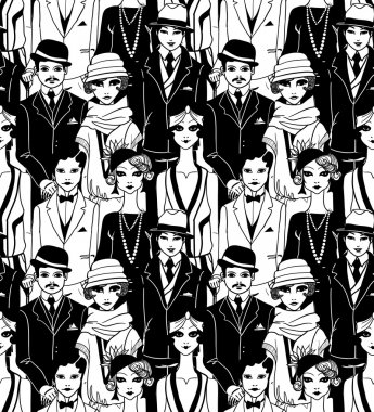 Doodle people in art deco style seamless pattern.