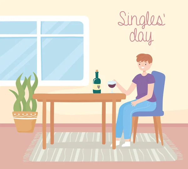 Día de solteros, chico beber vino — Vector de stock