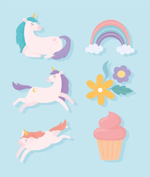 Unicorn bunga dan cupcake - Stok Vektor