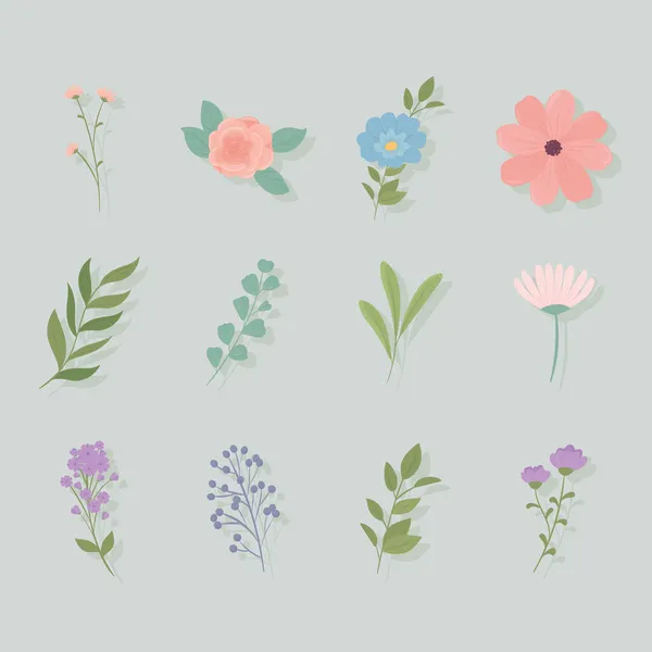 Set di fiori e foglie — Vettoriale Stock
