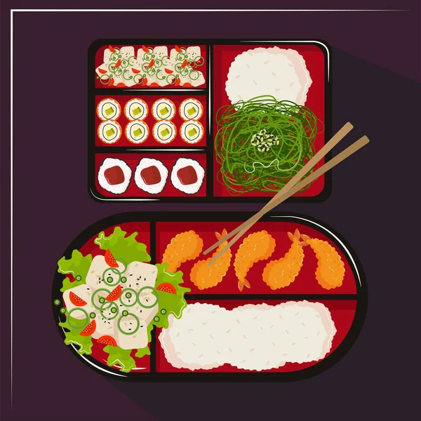 Bento-Box mit Sushi und Brötchen — Stockvektor