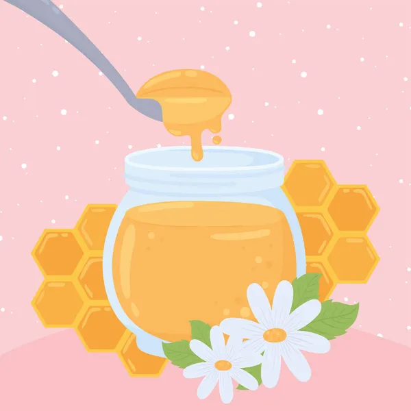 Tarro de miel y flores — Vector de stock