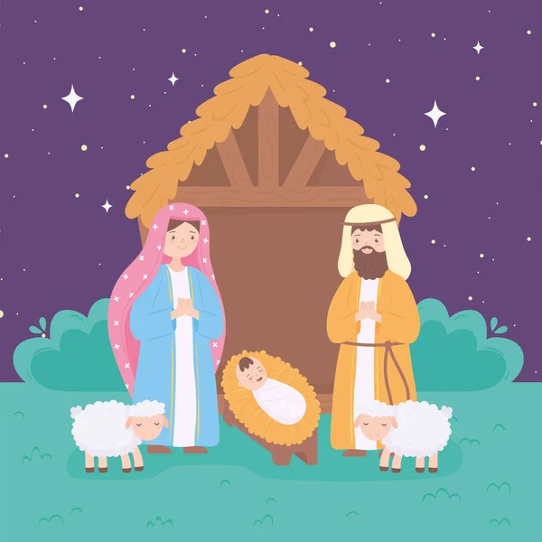 Familia pesebre noche — Vector de stock