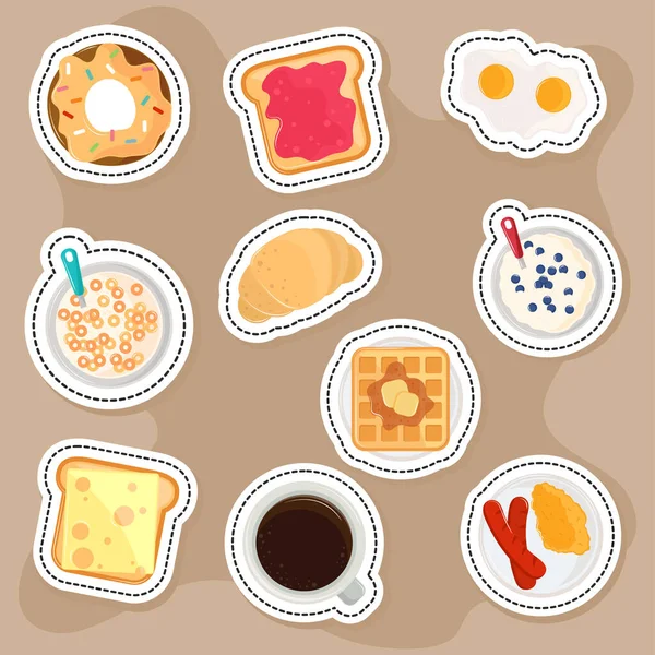 Ícones de adesivos de café da manhã — Vetor de Stock