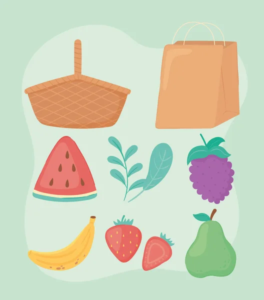 Definir frutas e cesta — Vetor de Stock