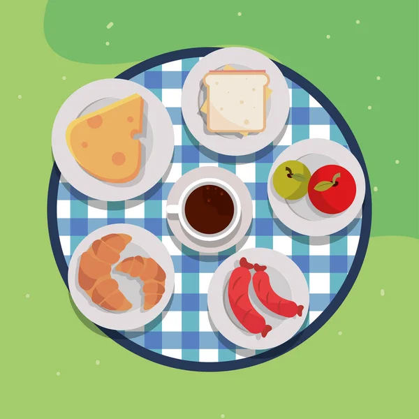 Piknik élelmiszer a kék ruhán — Stock Vector