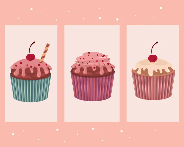 Cupcakes com ícones de cerejas — Vetor de Stock