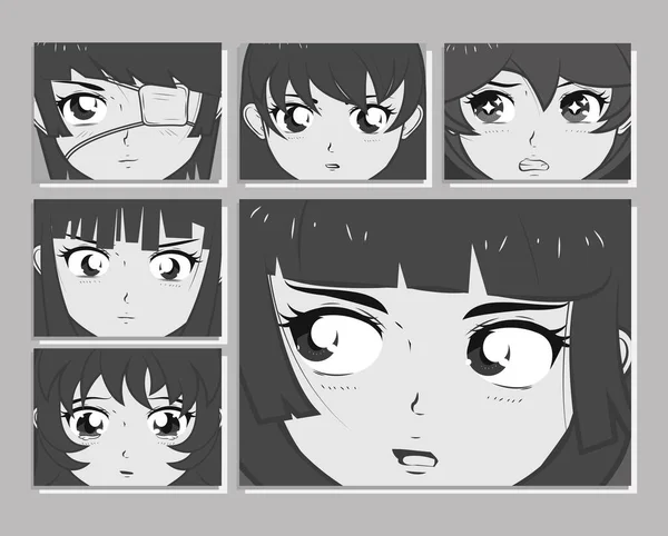 Manga flickor ansikten — Stock vektor