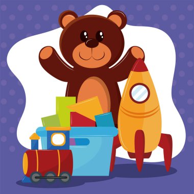 Anaokulu oyuncakları ve kitabı.