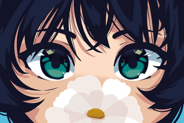 Anime tvář dívka s květinou — Stockový vektor