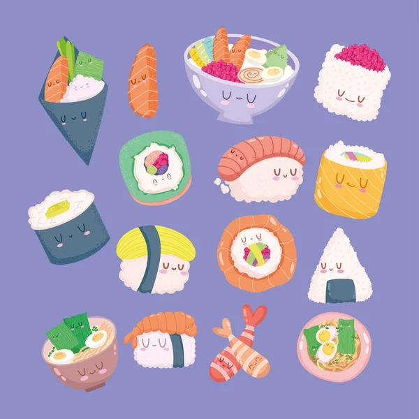 Sushi kawaii ikonok — Stock Vector
