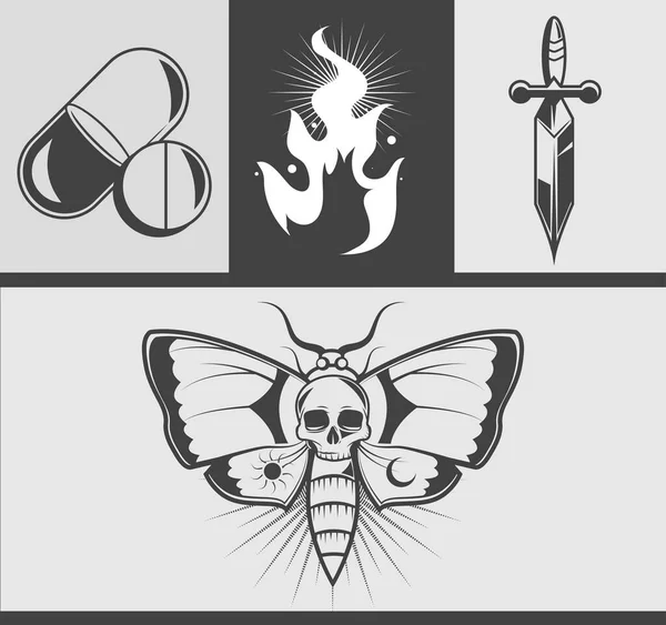 Icônes plates tatouage minimaliste — Image vectorielle