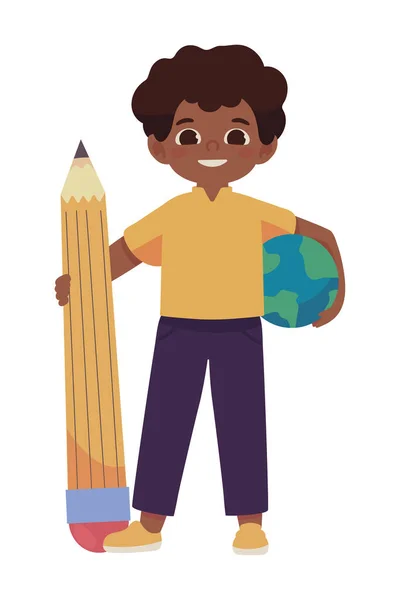 Junge Mit Globus Und Bleistift Symbol — Stockvektor