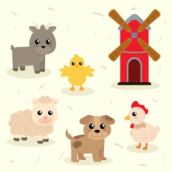 Ícones Animais Fazenda Desenhos Animados Bonito — Vetor de Stock