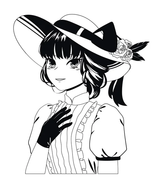 Anime Elegante Adolescente Con Sombrero — Vector de stock
