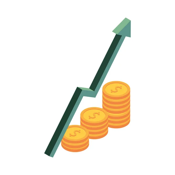 Monedas Crecimiento Gráfico Dinero Beneficio Isométrico — Vector de stock