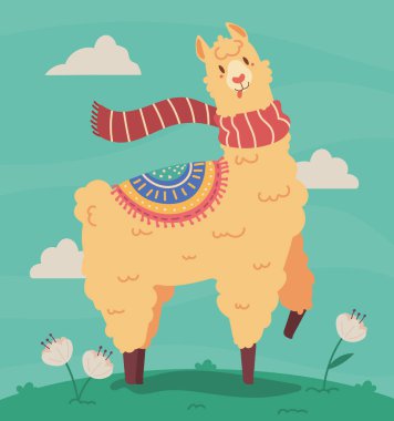 Çimlerin üzerinde atkısı olan sevimli lama.