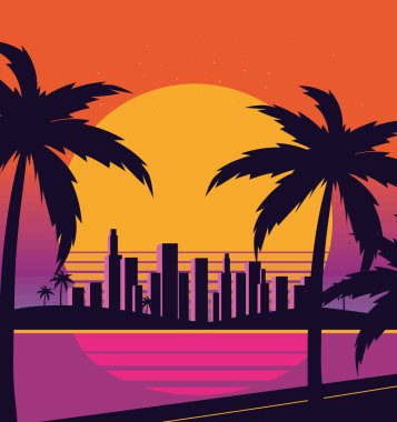Miami şehrinin ufuk çizgisi ve palmiyeleri