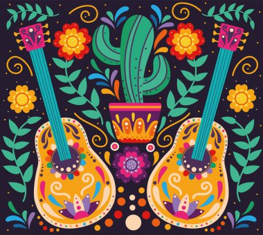 Meksika kültürü kaktüs ve gitar.