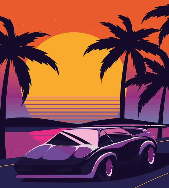 Miami Zonsondergang Landschap Auto — Stockvector