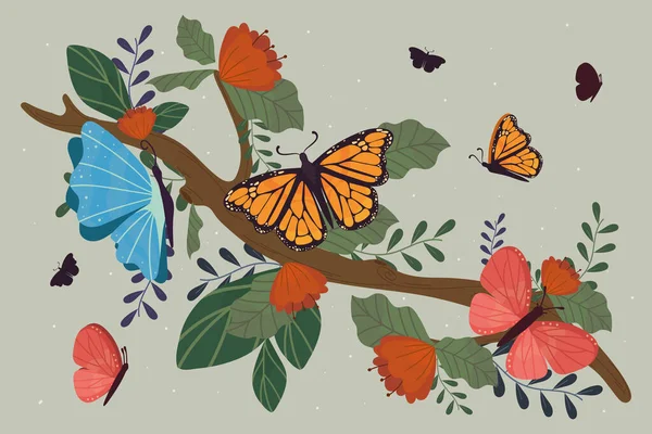 Papillons Sur Branche Avec Des Fleurs — Image vectorielle