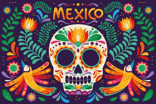Mexické Lebka Květiny Tradiční Pozadí — Stockový vektor