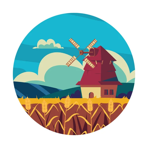 Сельская Мельница Пшеничное Поле — стоковый вектор