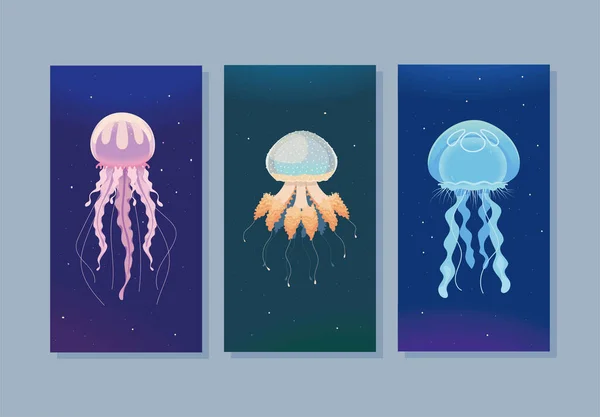 Jellyfishes Sea Life Banners Style — Stock Vector