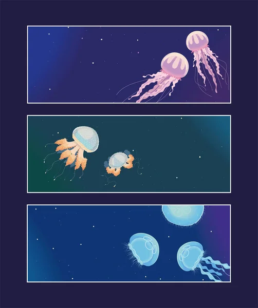 Jellyfishes Underwater Life Horizontal Banners - Stok Vektor