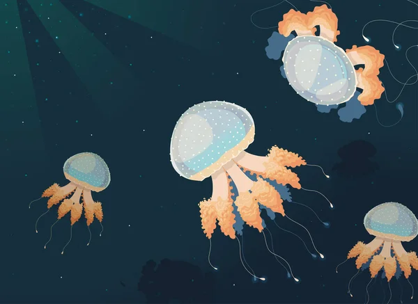 Jellyfishes Underwater Dark Vector Style — Stock Vector
