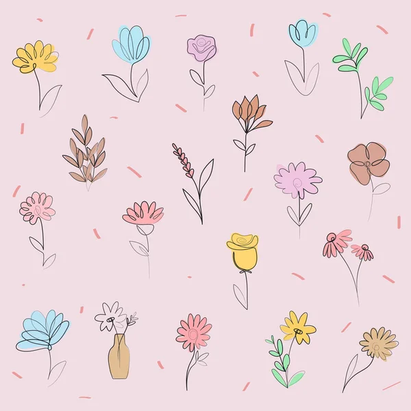 Set One Line Flowers Vector — Stockový vektor