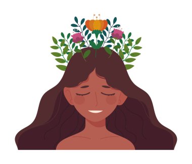 girl with flowers in head icon isolated