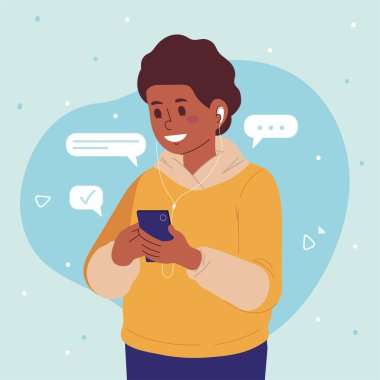 man holding cellphone chatting, design