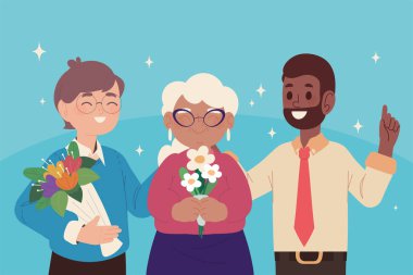 teachers day, male and female teacher with flowers