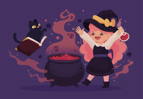Halloween Witch Cat Cauldron — Stok Vektör
