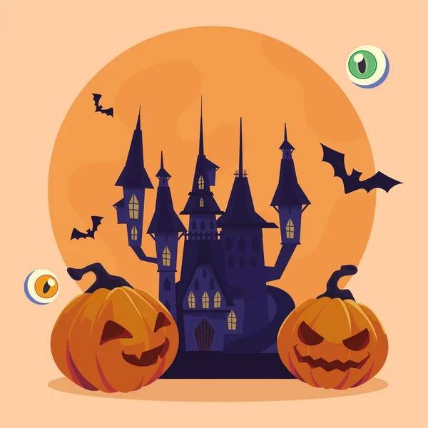 Halloween Castle Pumpkins Bats — Vector de stock