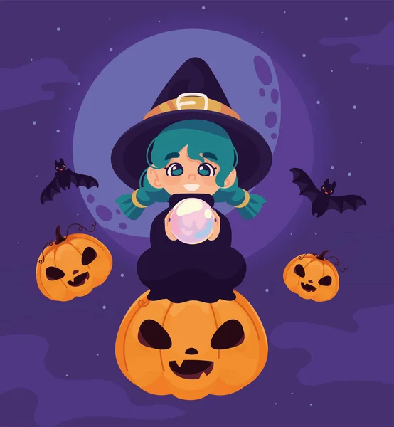 Halloween Witch Pumpkins Bats — 스톡 벡터