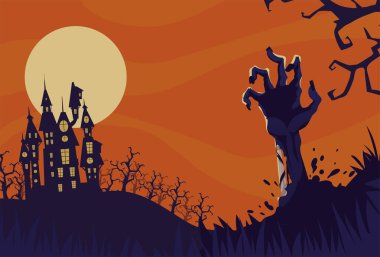 halloween creepy night castle and hand